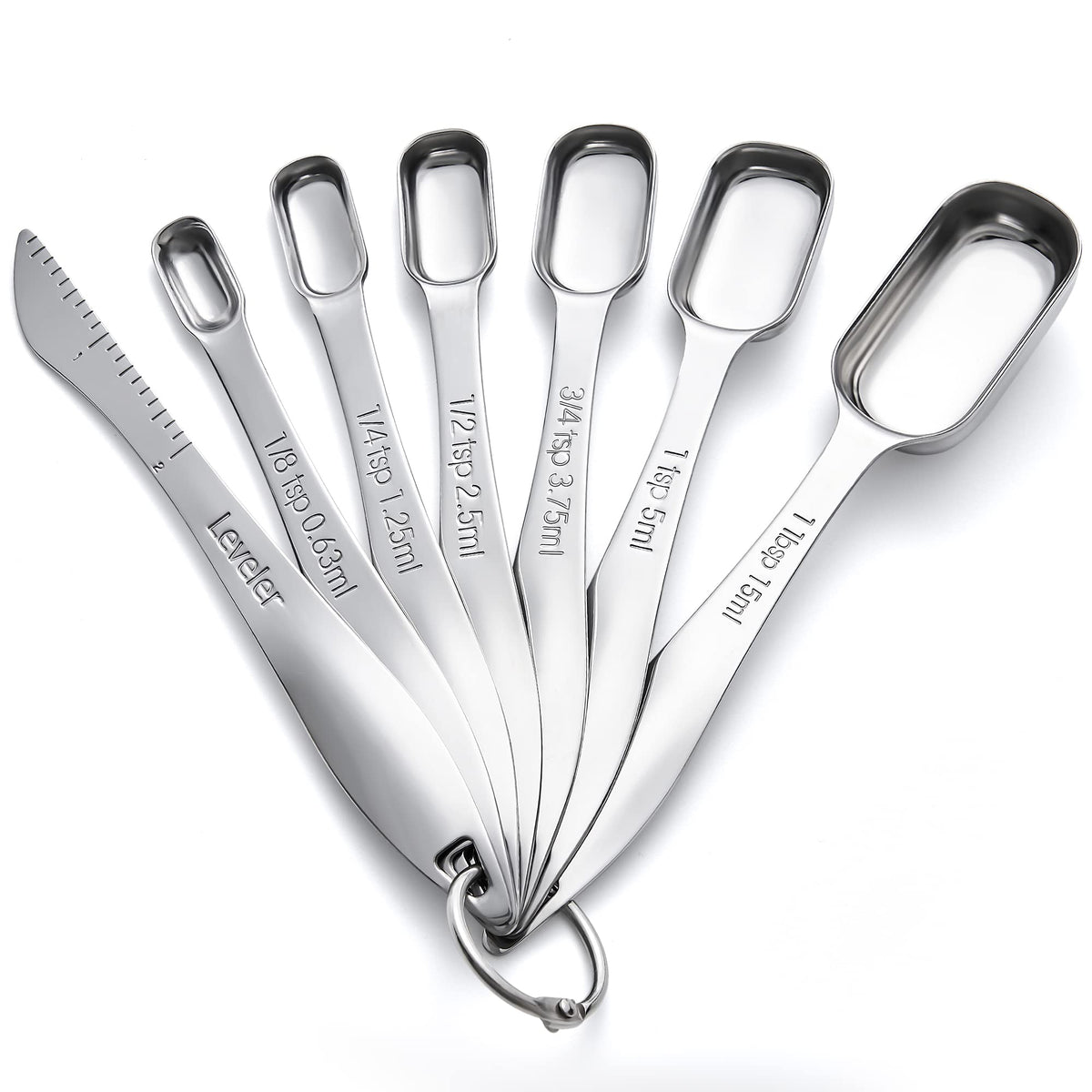 Rainspire Heavy Duty Measuring Spoons Set Stainless Steel, Metal Measuring Cups and Spoons Set for Dry or Liquid, Fits in Spice Jar, Home Gadgets Kitchen Gadgets, Set of 7 Including Leveler