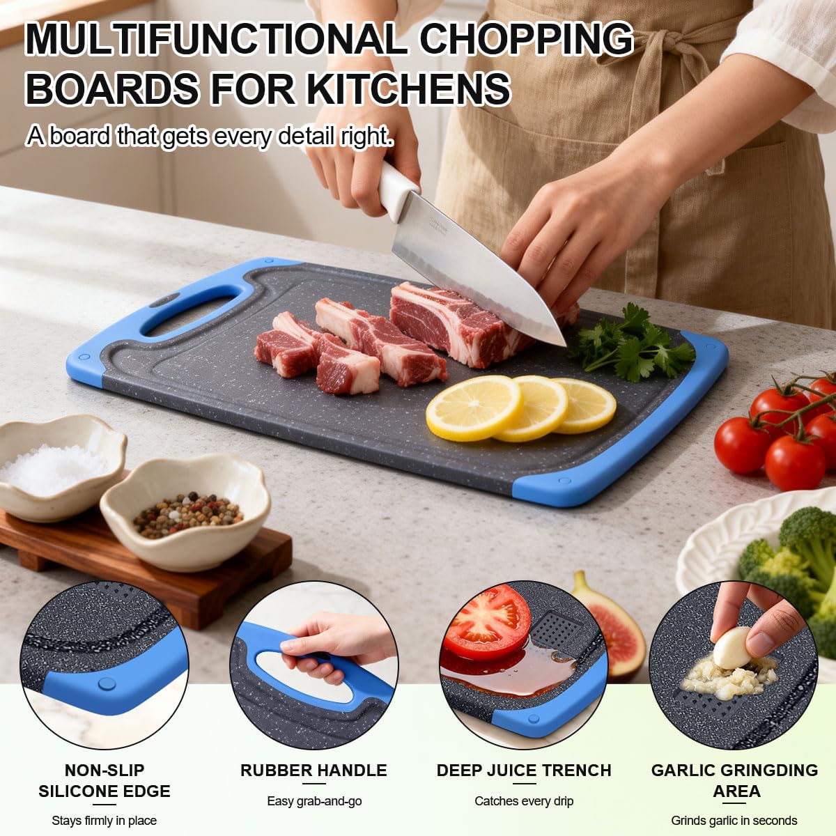 Viretang Non Slip Cutting Board Set For Kitchen, 3 Pieces, Dishwasher Safe