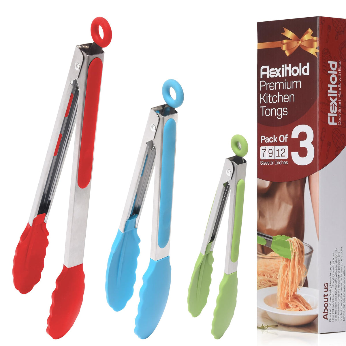 Stainless Steel Kitchen Tongs Set, 3 Pack with Silicone Tips