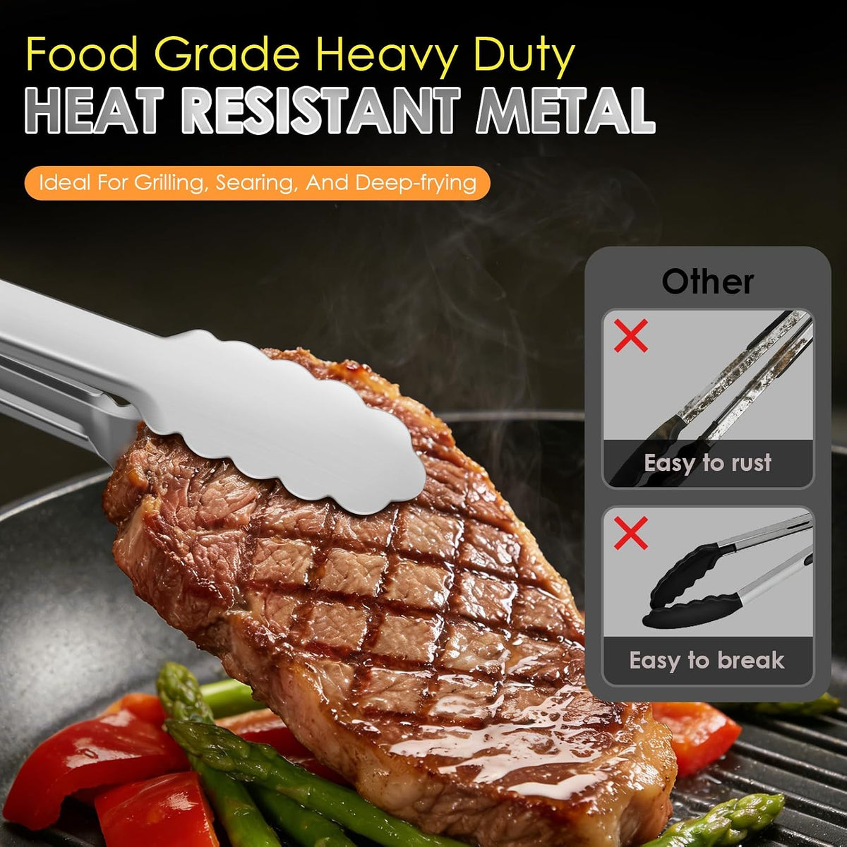 Stainless Steel Cooking Tongs, Heat Resistant Metal Tongs 9" and 12"