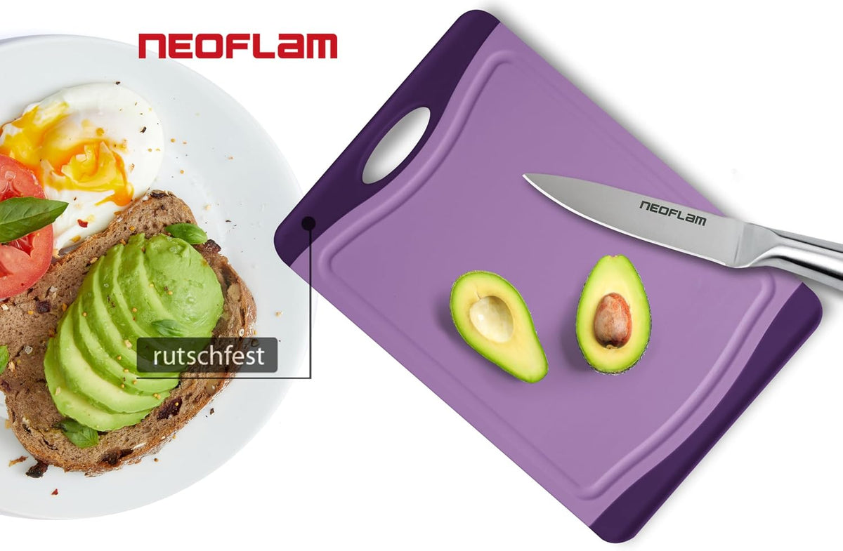 Neoflam Flutto Poly Cutting Board - Purple, Durable Plastic, Knife-Scratch Resistant, Large Handle, Kitchen Essential (11.5 x 8 x 0.4 inches)