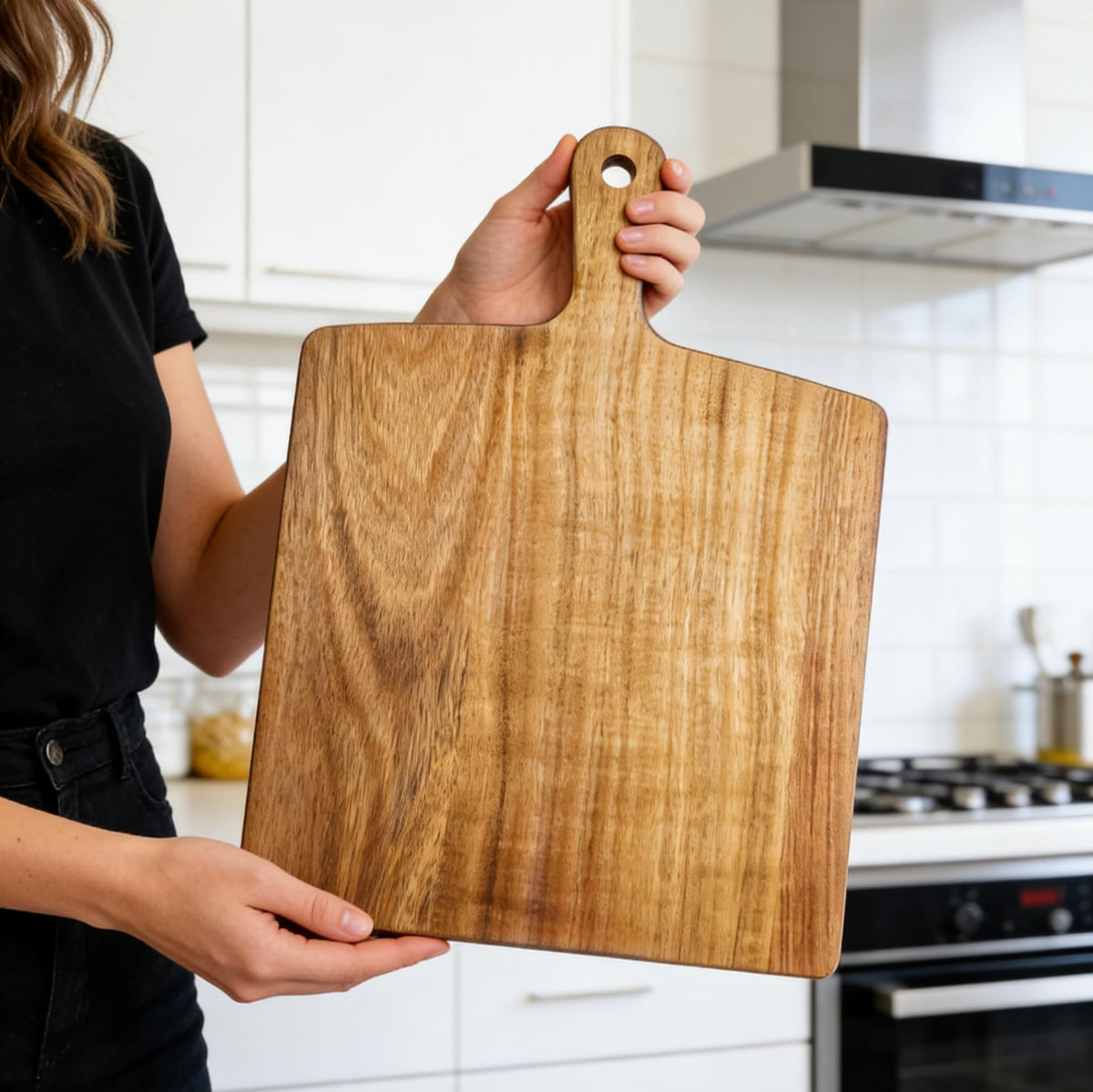 ZeQi Acacia Wood Cutting Board with Handle 13.7''X7'', Charcuterie Board, Serving Board for Cheese, Bread, Meat, Vegetables & Fruits, Natural Wooden Chopping Board for Kitchen