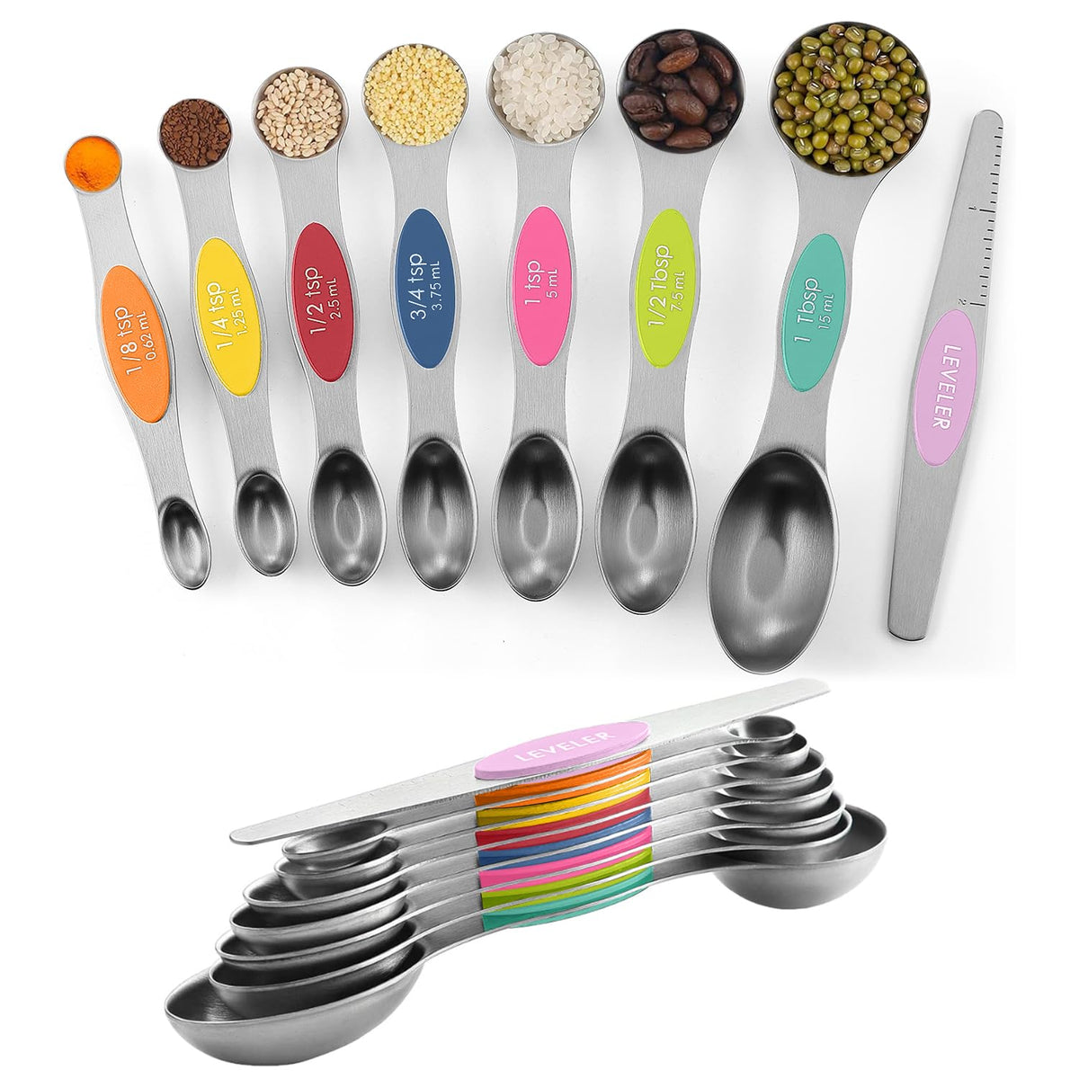 ChefAide Set of 8 Magnetic Measuring Spoons, Stainless Steel, Dual Sided