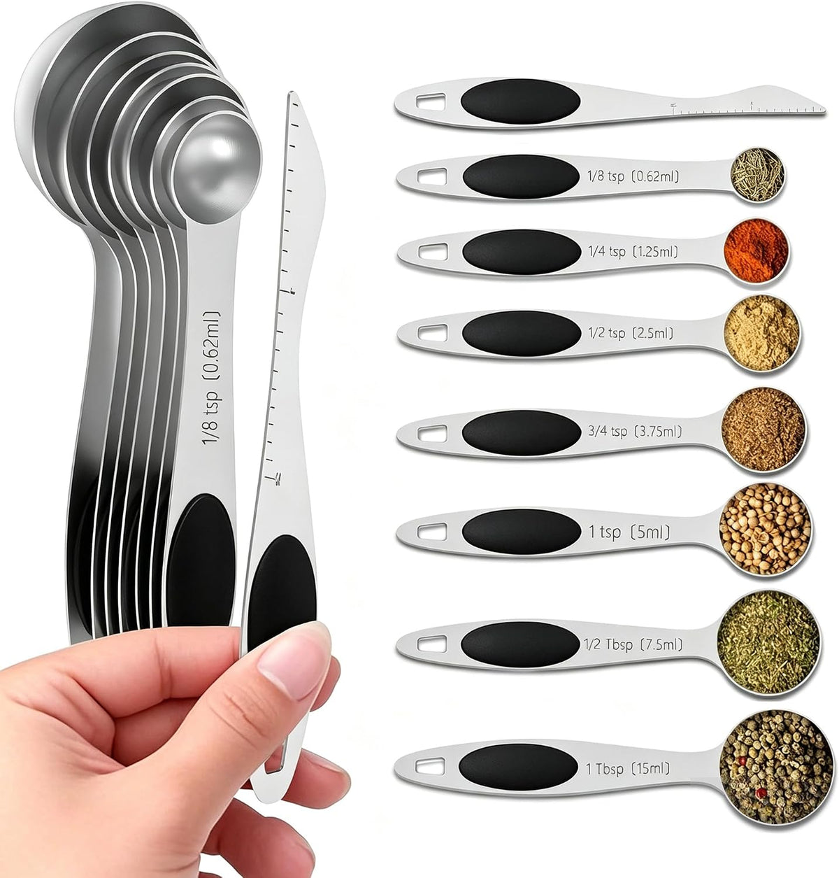 Measuring Spoons,Magnetic Measuring Spoons Set,304 Stainless Steel 7 Single Side Measuring Spoons Set and 1 Leveler with Strong N45 Magnetss,Heavy Duty Metal Kitchen Gadgets for Baking & Cooking