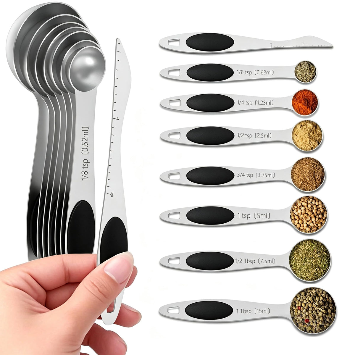 Measuring Spoons,Magnetic Measuring Spoons Set,304 Stainless Steel 7 Single Side Measuring Spoons Set and 1 Leveler with Strong N45 Magnetss,Heavy Duty Metal Kitchen Gadgets for Baking & Cooking