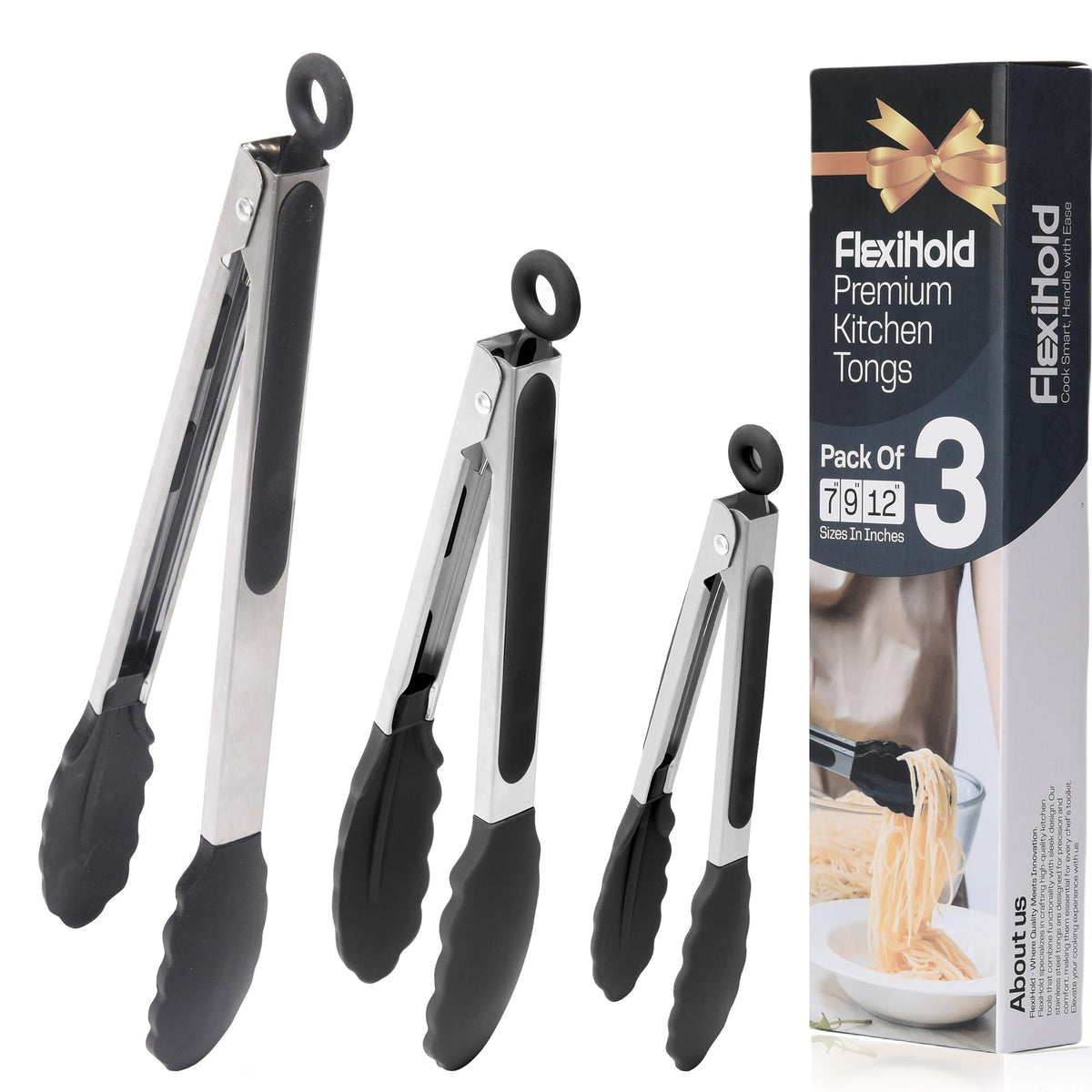 Stainless Steel Kitchen Tongs Set, 3 Pack with Silicone Tips