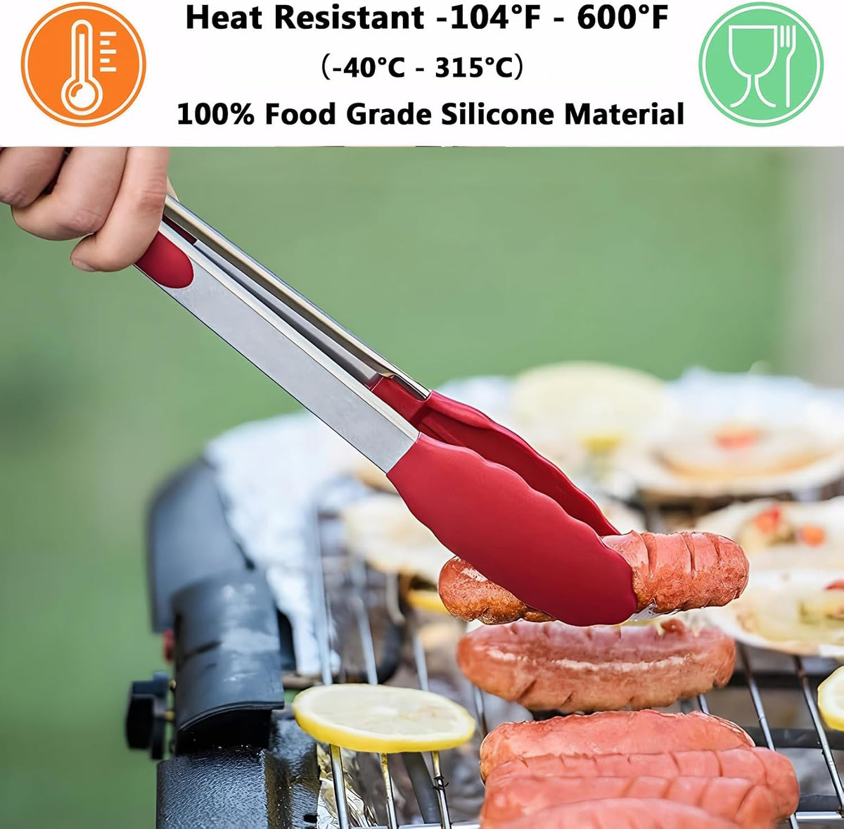 Kitchen Silicone Tongs for Cooking with Non-Slip Silicone Tips, 600°F Heat Resistant Cooking Food Tong Set Heavy Duty Stainless Steel Handle for Baking Grilling BBQ Serving, 2 Pack (9" & 12")