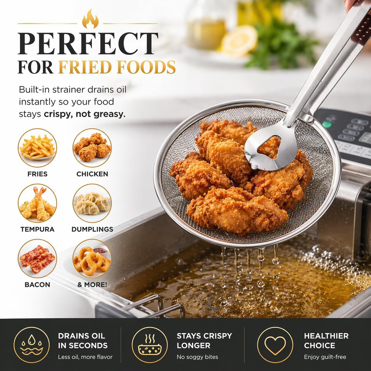 Spider Strainer Tongs 2-in-1 Frying Strainer with Clip Tongs, Stainless Steel Oil Skimmer for Fried Foods, Deep Fry Draining Tool