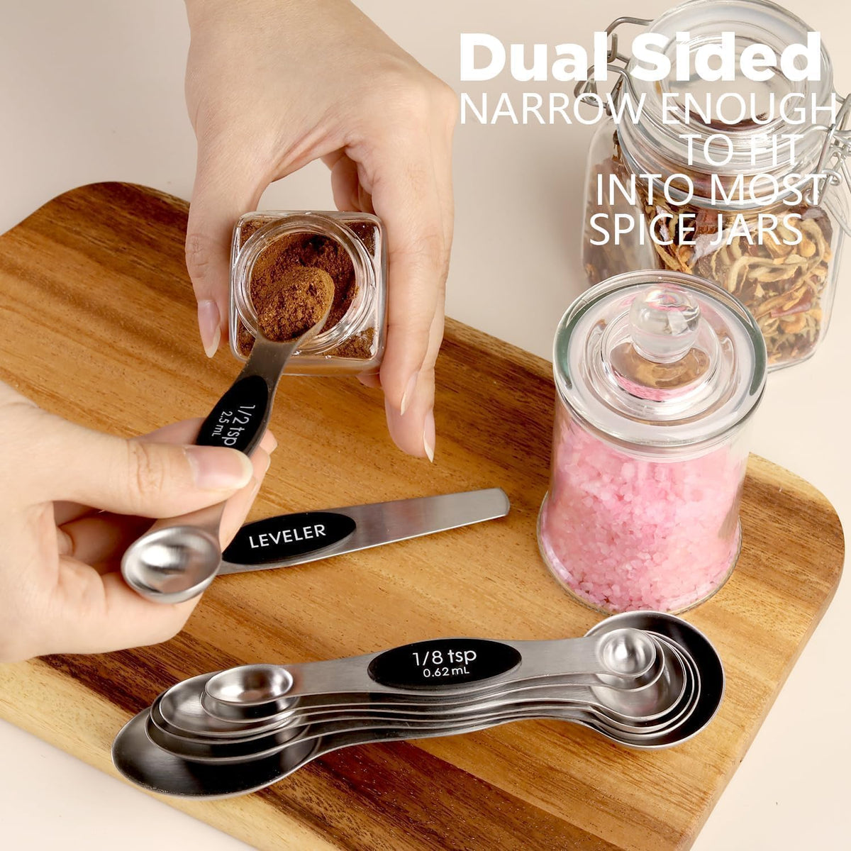 ChefAide Set of 8 Magnetic Measuring Spoons, Stainless Steel, Dual Sided