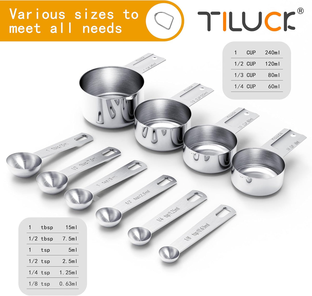 TILUCK Stainless Steel Measuring Cups & Spoons Set, Cups and Spoons