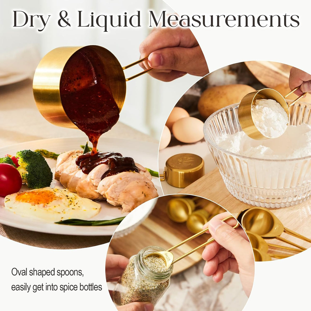 Golden 304 Stainless Steel Measuring Cups and Spoons Set,8PCS Stackable & Long Handle Fits Narrow Jars, Premium Gold Kitchen Accessories for Liquid & Dry Ingredients Baking Cooking, Durable&Rust-Proof