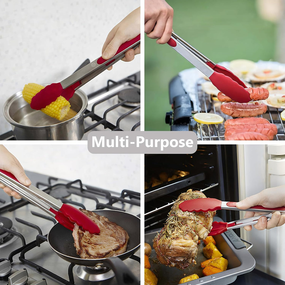 Kitchen Silicone Tongs for Cooking with Non-Slip Silicone Tips, 600°F Heat Resistant Cooking Food Tong Set Heavy Duty Stainless Steel Handle for Baking Grilling BBQ Serving, 2 Pack (9" & 12")