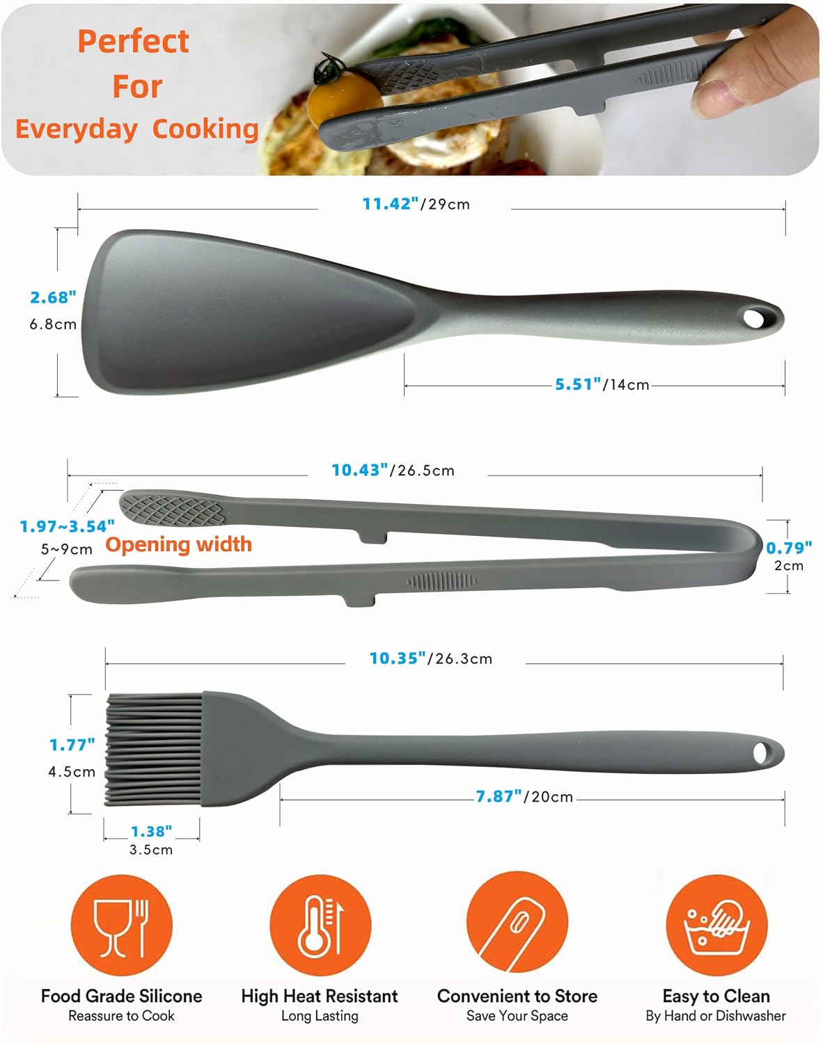 Silicone Spatula Tongs and Basting Brush Set, 3-Piece 11.4 Inch Heat Resistant Kitchen Utensils, Dishwasher Safe, Non-Scratch for Cooking, Baking, Serving, Gray