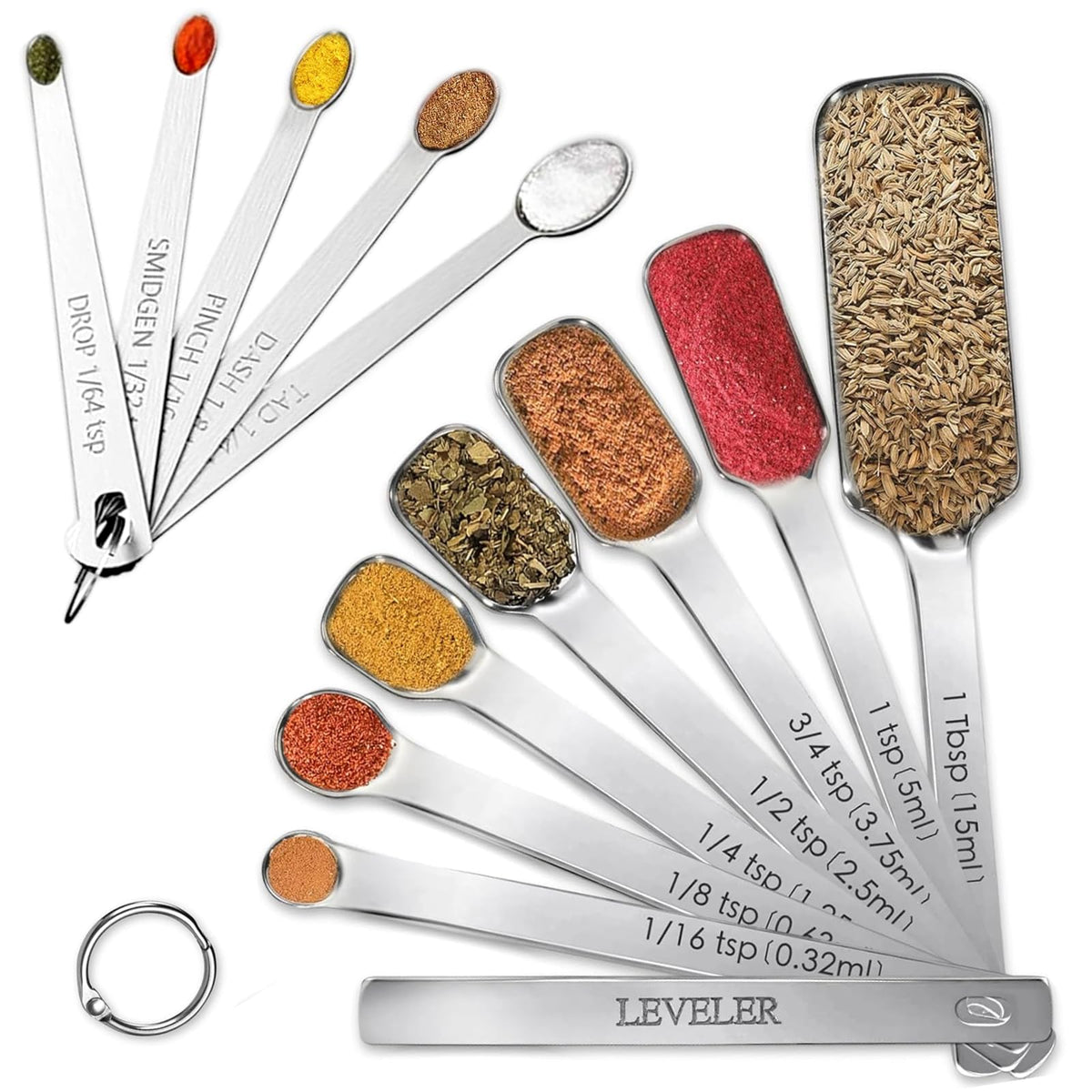 Stainless Steel Measuring Spoons Set of 14 with Leveler, Rectangular Teaspoon & Tablespoon Measuring Spoons for Dry & Liquid Ingredients, Slim Design Fits in Spice Jars