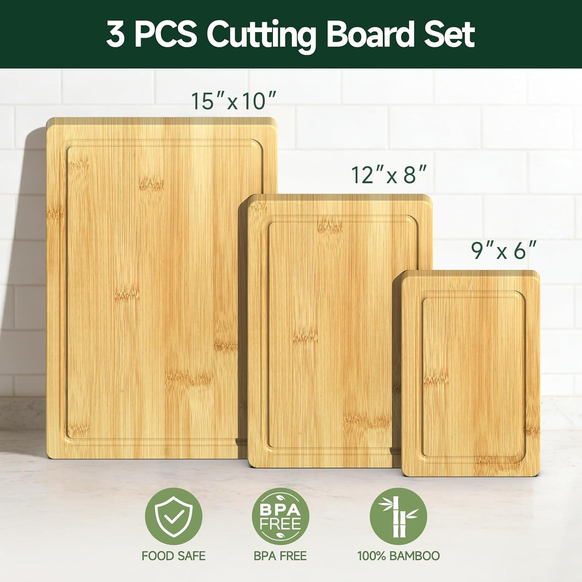 3-Piece Set Deep-Carbonized Bamboo Cutting Board for Kitchen, Natural