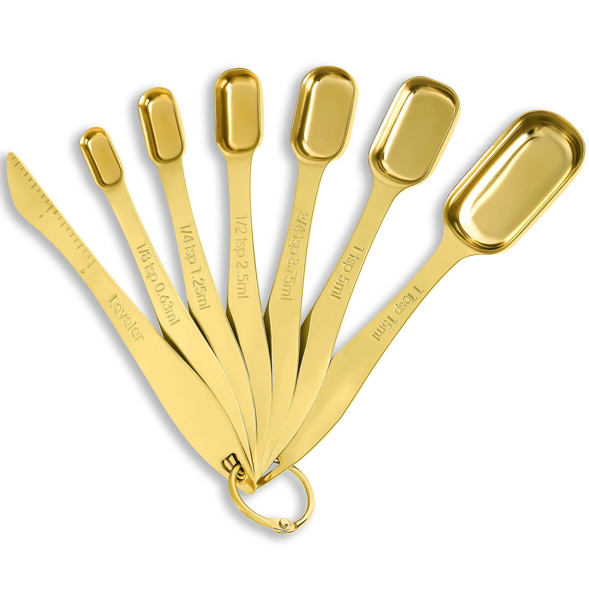 Rainspire Heavy Duty Measuring Spoons Set Stainless Steel, Metal Measuring Cups and Spoons Set for Dry or Liquid, Fits in Spice Jar, Home Gadgets Kitchen Gadgets, Set of 7 Including Leveler