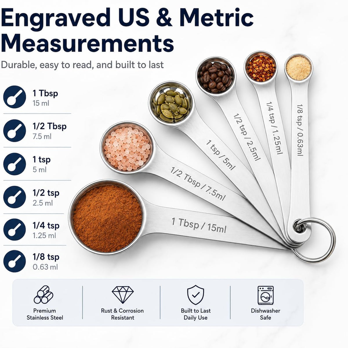 Stainless Steel Measuring Spoons Set of 6, Metal Measuring Spoons with Engraved US & Metric Measurements, Stackable with Ring Connector, Dishwasher Safe for Baking & Cooking