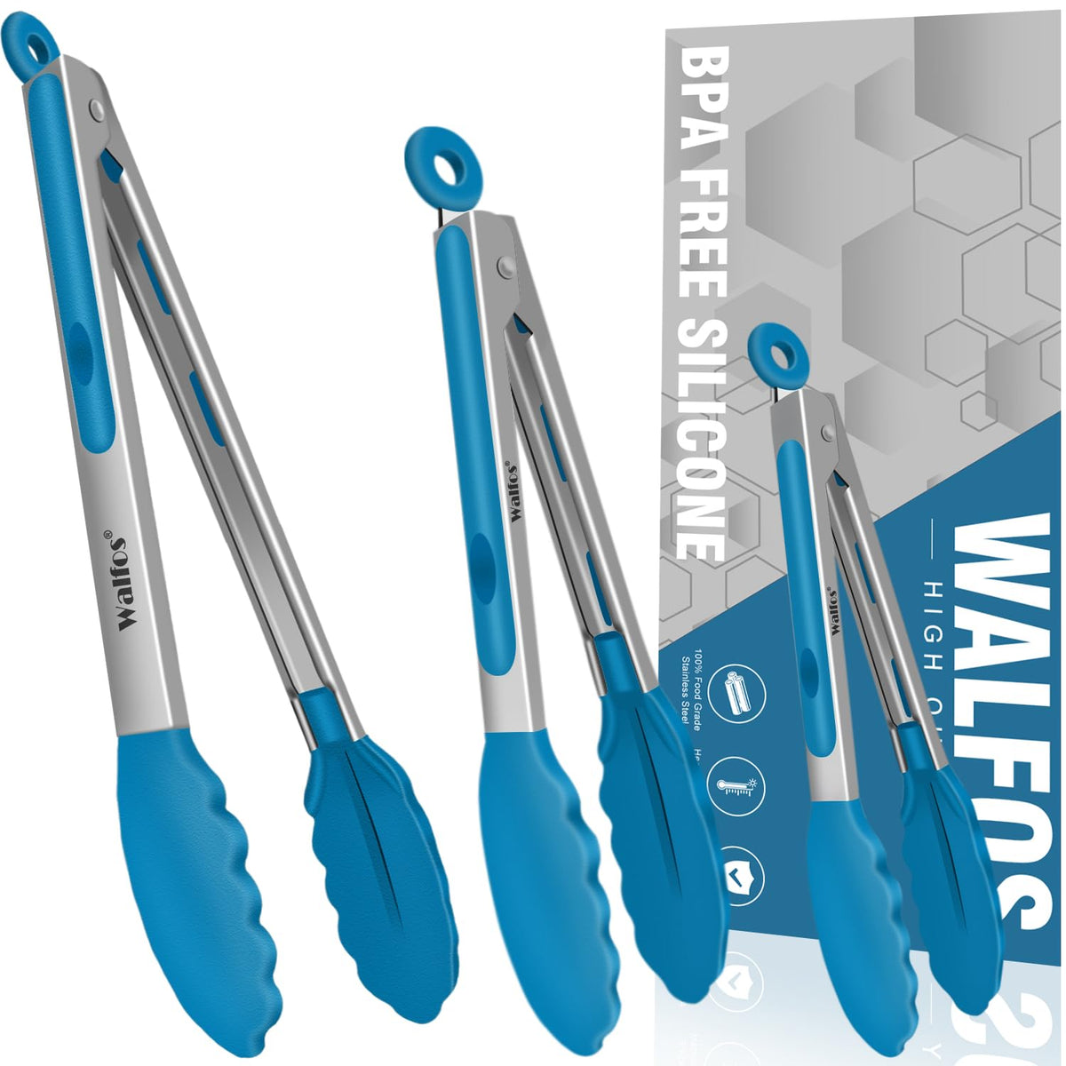 Walfos Silicone Tongs for Cooking - Heat Resistant kitchen tongs for Salad,Cooking, Grilling,Stainless Steel and BPA Free Silicone Tips set of 3 (7" 9" and 12 inch)