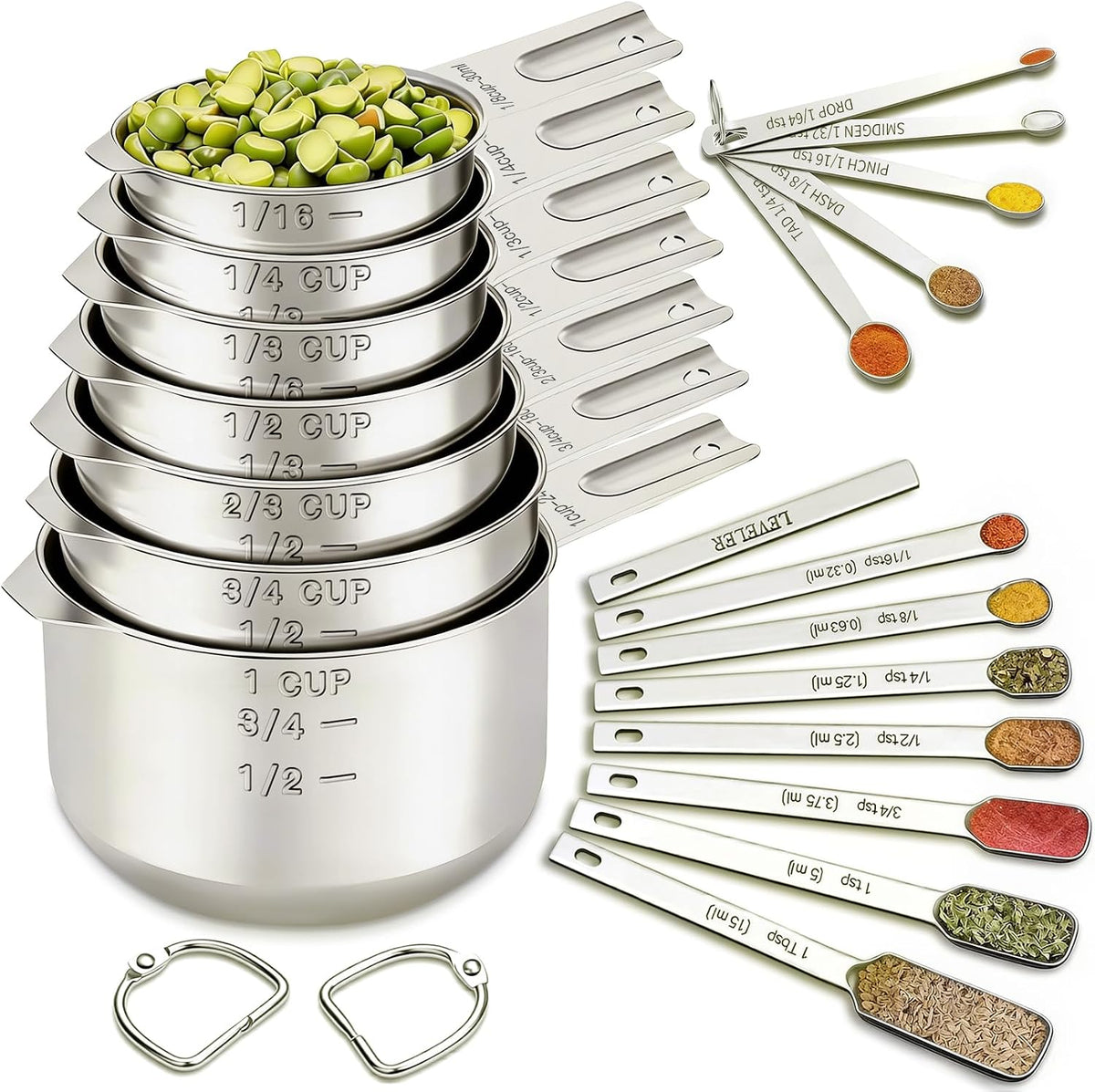 EWFEN Measuring Cups and Spoons Set, 7 Stainless Steel Nesting Measuring Cups & 7 Spoons, 5 Mini Measuring Spoons &1 Leveler, Kitchen Gadgets for Cooking & Baking, Square