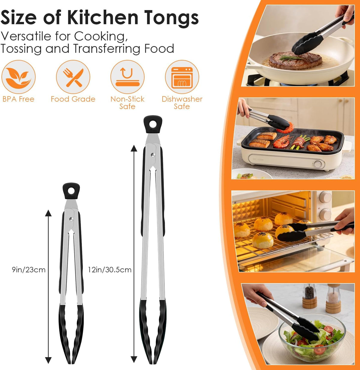 HOTEC Stainless Steel Kitchen Tongs with Silicone Tips, Set of 2-9" and 12"