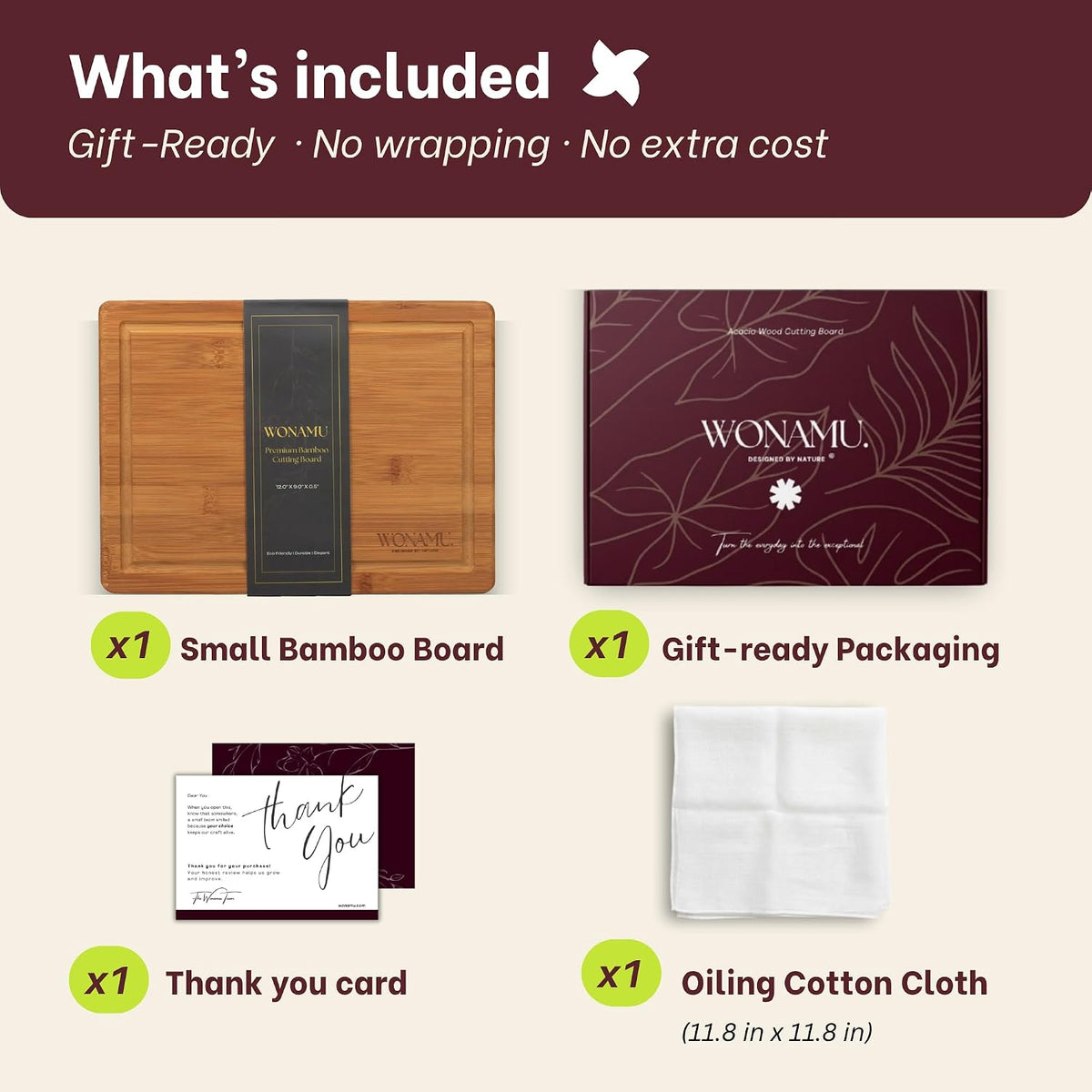 WONAMU Small Bamboo Cutting Board Non Toxic with Juice Groove, Gift Set