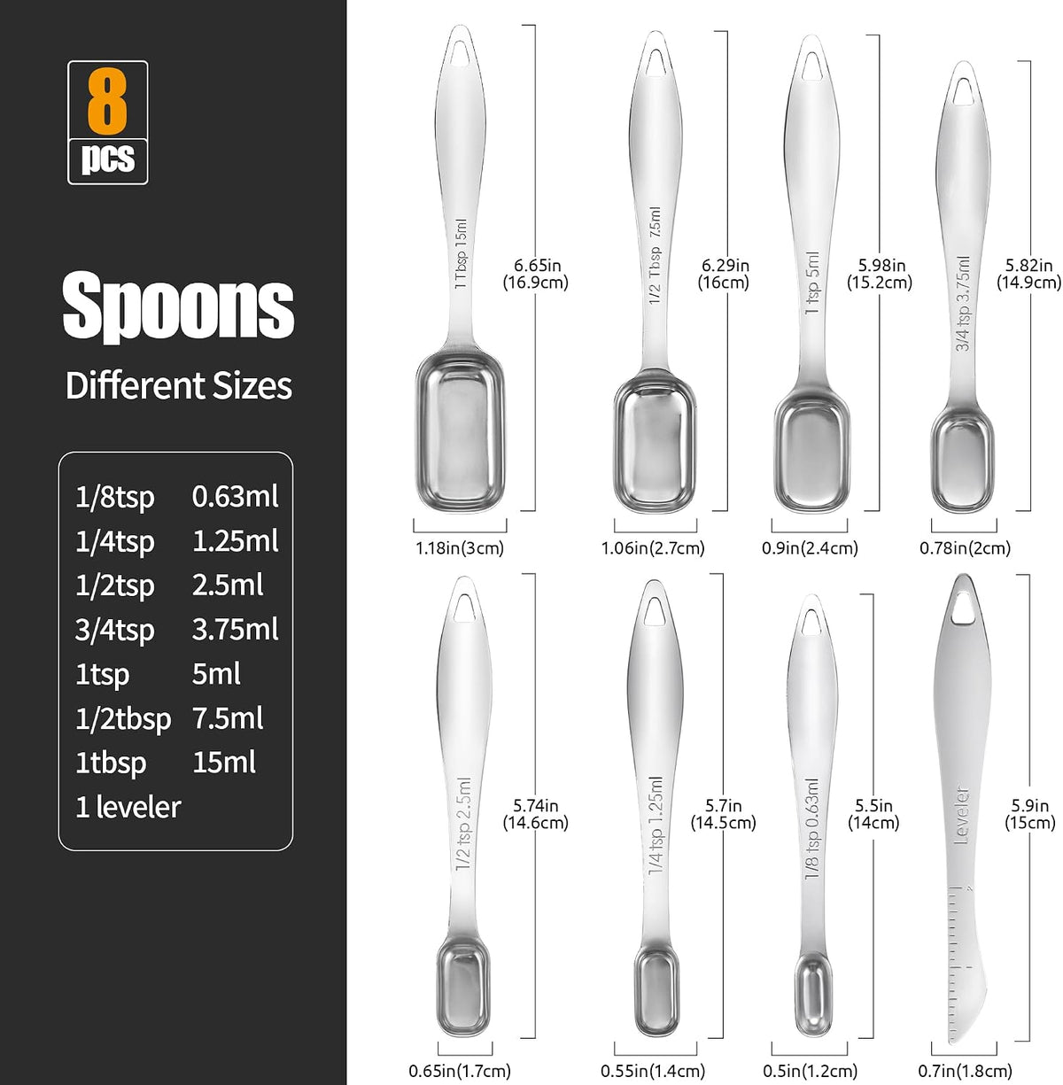 Doosu 18/8 Stainless Steel Measuring Spoons with Long Handle (Set of 8)