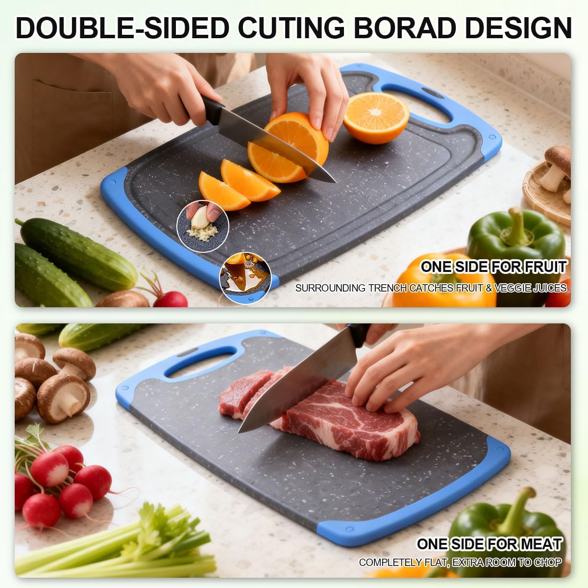 Viretang Non Slip Cutting Board Set For Kitchen, 3 Pieces, Dishwasher Safe