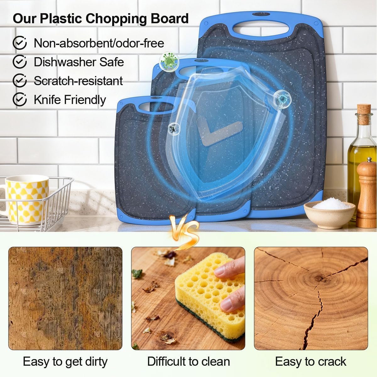 Viretang Non Slip Cutting Board Set For Kitchen, 3 Pieces, Dishwasher Safe