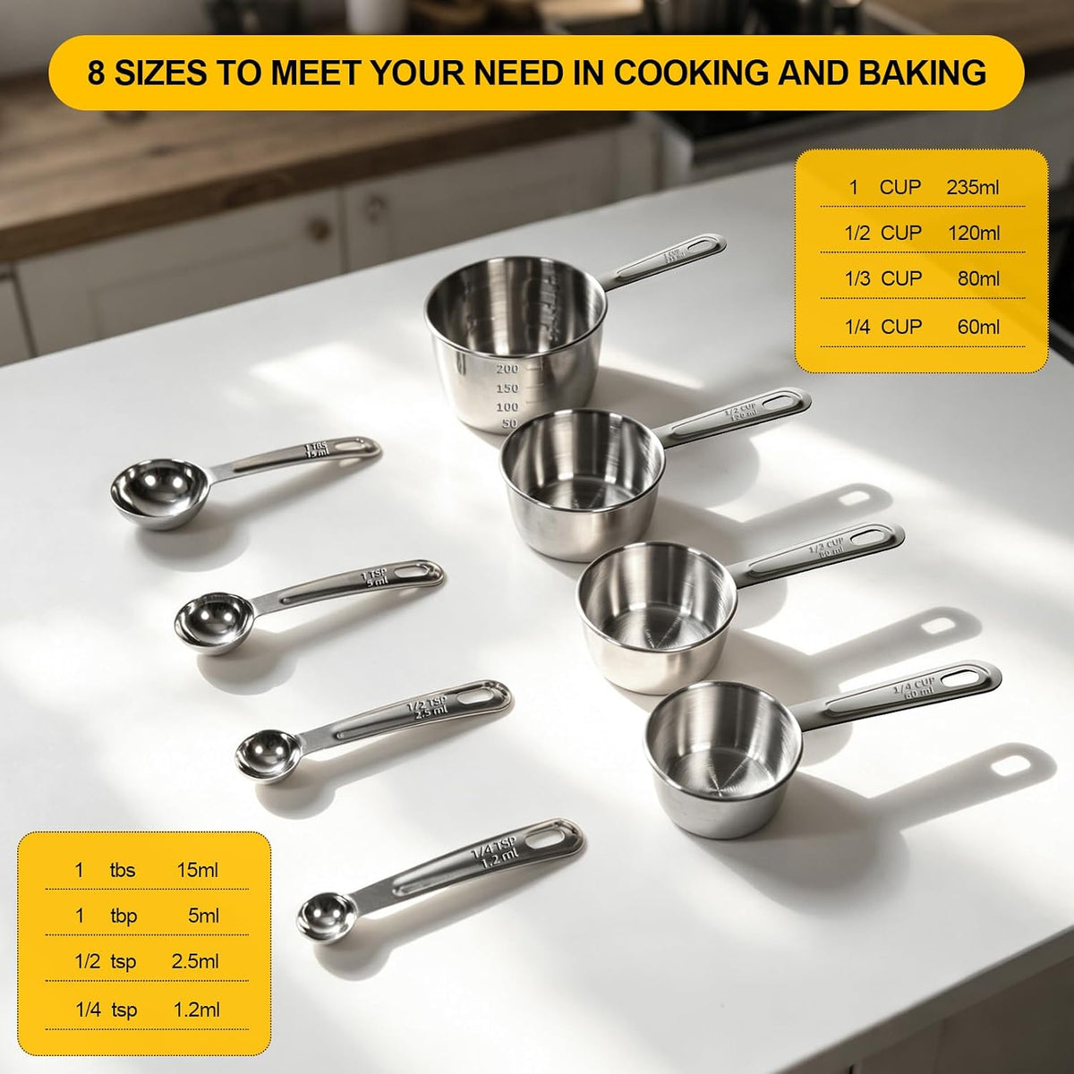 8 PCS Stainless Steel Measuring Cups and Spoons Set, Premium Measure Cups and Spoons Long Handle Stackable Measuring Cups for Kitchen Cooking & Baking, Dry & Liquid Dishwasher Safe
