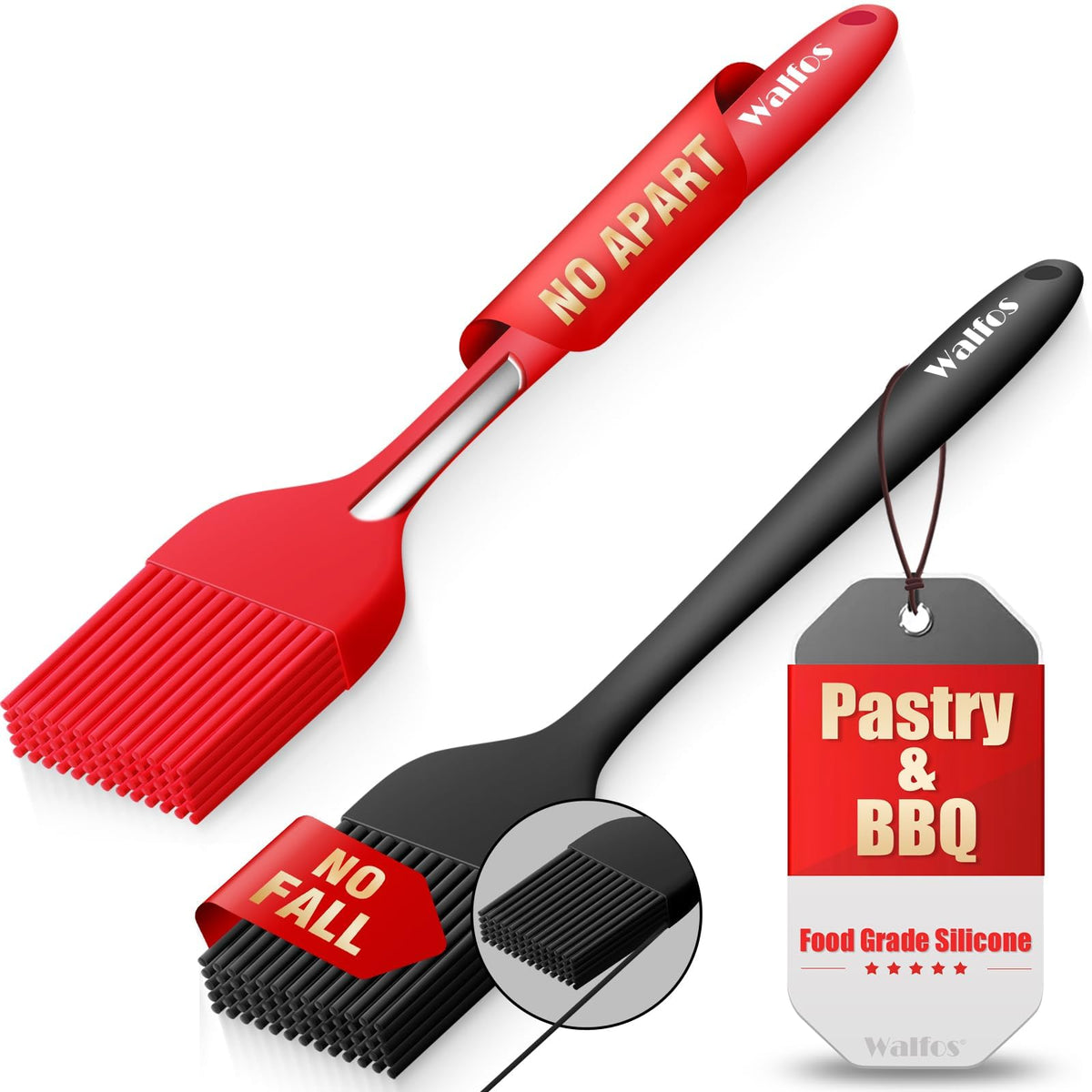 Walfos 600°F Heat Resistant Silicone Basting Brushes BPA Free Pastry Brush, Spread Oil Butter Sauce for BBQ Grill Baking Kitchen Cooking, Dishwasher Safe (2 SIZE)