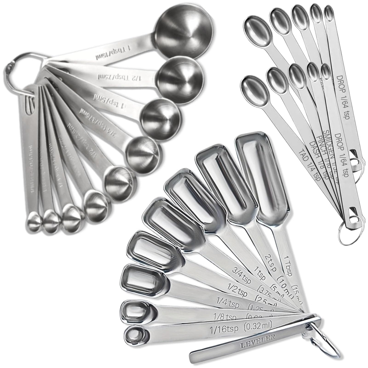 Stainless Steel Measuring Spoons Set of 14 with Leveler, Rectangular Teaspoon & Tablespoon Measuring Spoons for Dry & Liquid Ingredients, Slim Design Fits in Spice Jars