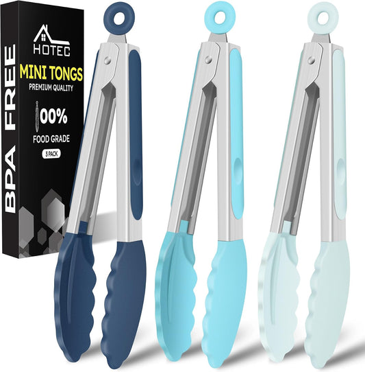 HOTEC Small Silicone Kitchen Tongs 7-Inch Mini Serving Tongs, Set of 3
