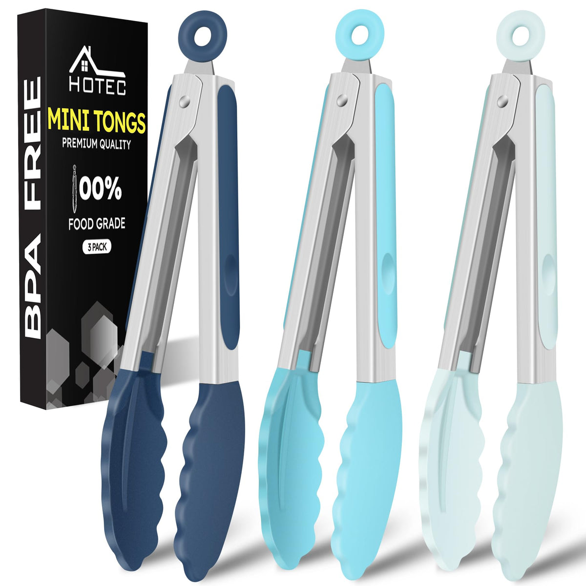 HOTEC Small Silicone Kitchen Tongs 7-Inch Mini Serving Tongs, Set of 3
