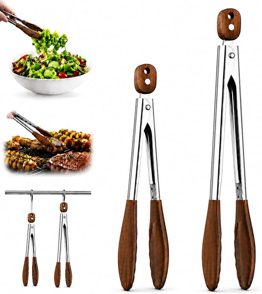 Wooden Tongs for Cooking - Kitchen Salad Tongs for Serving Food(12"+15")