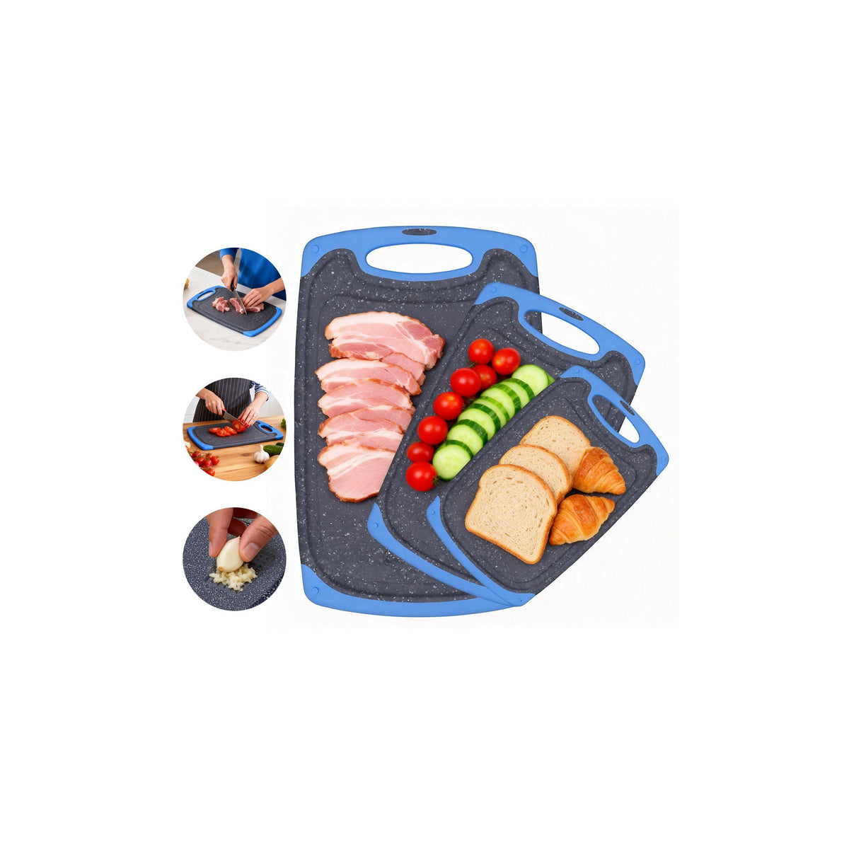 Viretang Non Slip Cutting Board Set For Kitchen, 3 Pieces, Dishwasher Safe