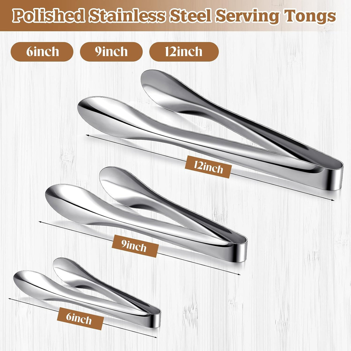 3 Pack Silver Polished Serving Tongs 9 Inch,12 Inch, 6 Inch