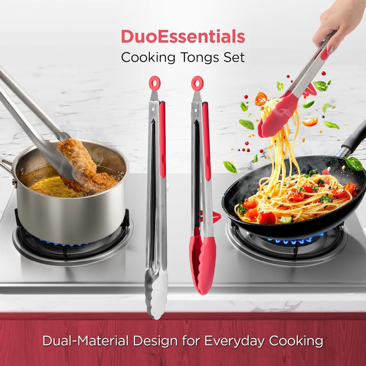 Kitchen Mama DuoEssentials Cooking Tongs Set, Red