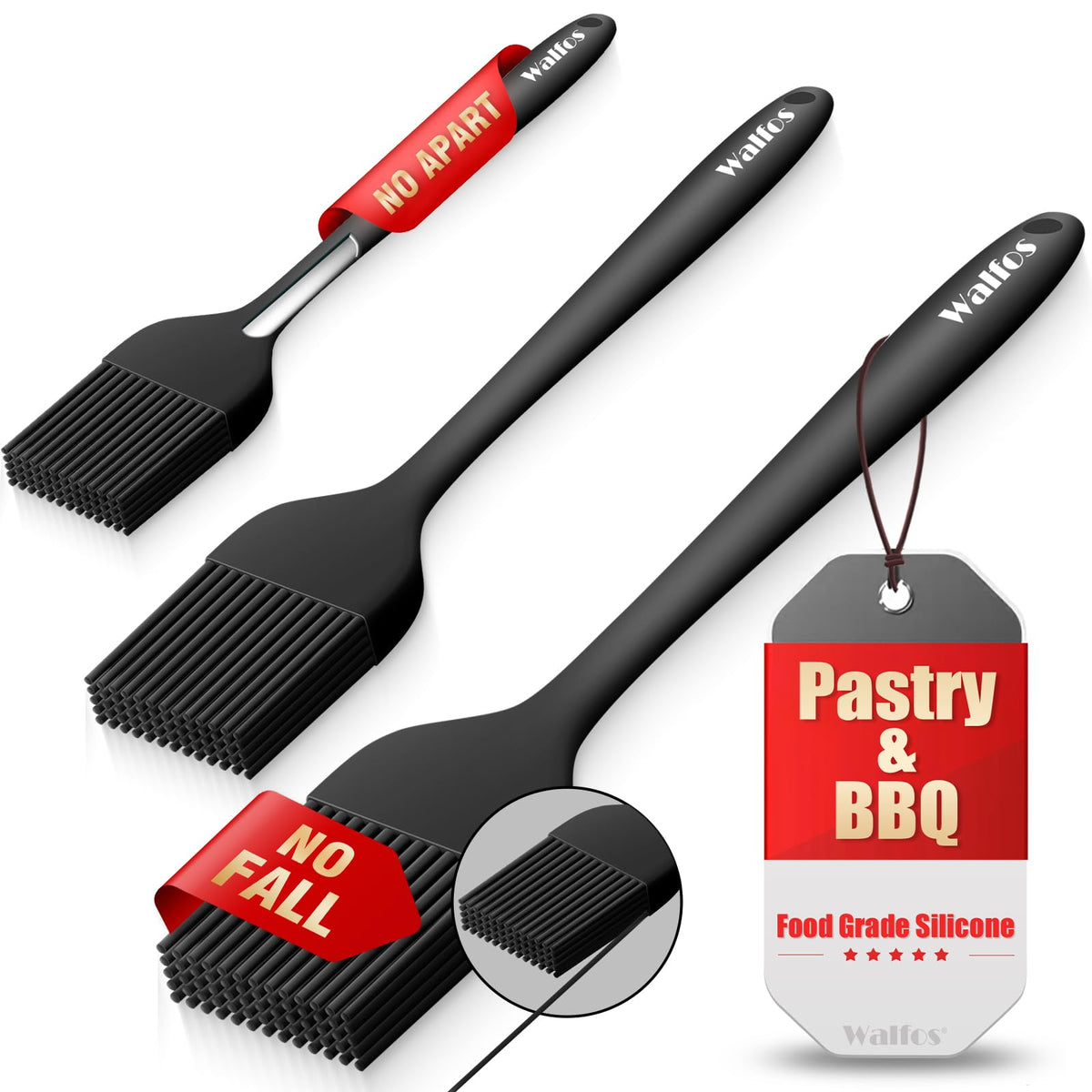 Walfos Silicone Pastry Brush, 600℉ Heat Resistasnt Basting Oil Butter Sauce Brush for Baking,BBQ Grill,Kitchen Cooking,BPA Free and Dishwasher Safe (5 Pcs)