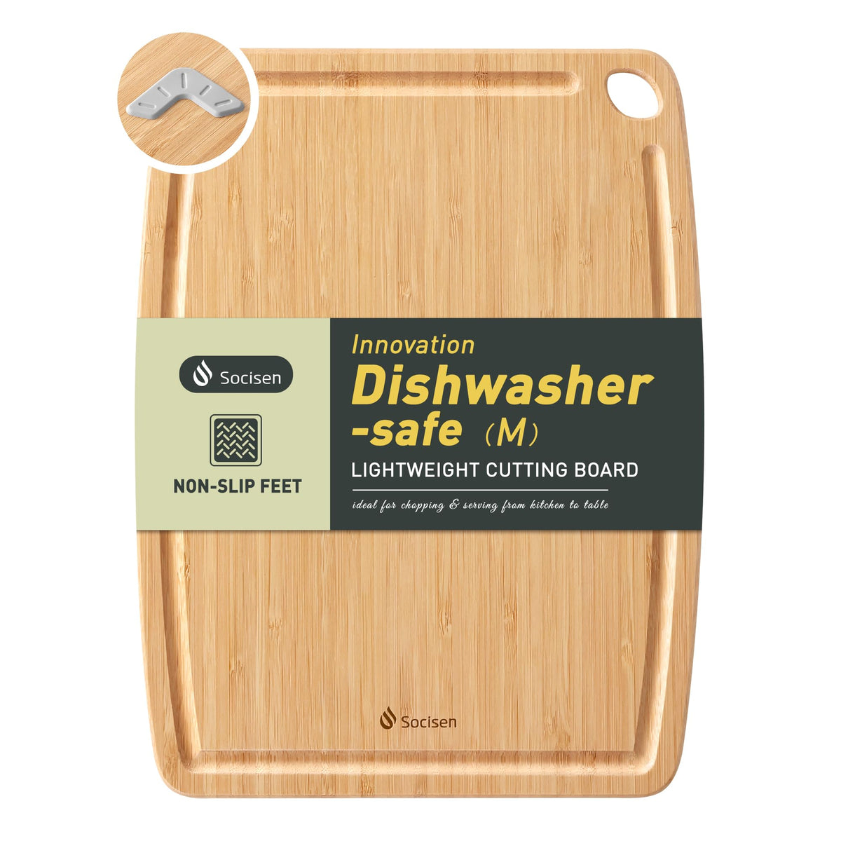 Lightweight Durable Bamboo Cutting Board with Non-Slip Feet, Non Toxic Wooden Cutting Board for Kitchen Heat-Resistant Chopping & Charcuterie Board with Juice Groove Kitchen Essentials for Meat