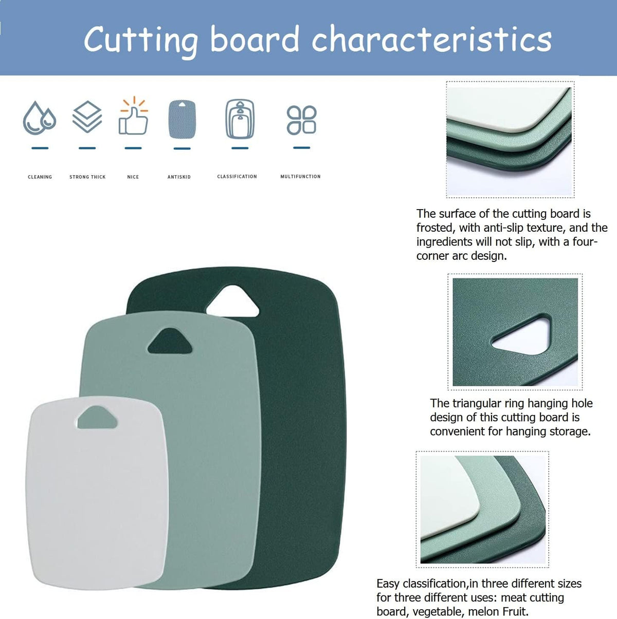 Plastic Cutting Board Set of 3, Cutting Boards for Kitchen,Thick Chopping Boards for Meat, Veggies, Fruits, with Easy Grip Handle,Dishwasher Saf,Suitable for outdoor camping, RV. (green)