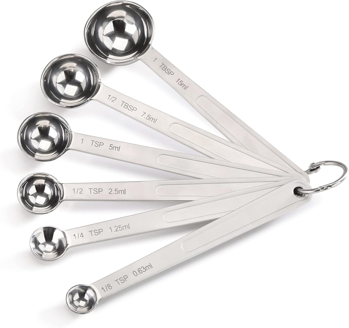 New Star Foodservice 43112 Stainless Steel Measuring Spoons, Set of 6, Round Metal Measuring Spoon Set with Ring Hook for Baking, Cooking, Spices, Wet and Dry Ingredients, Silver
