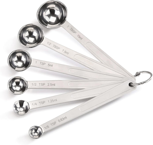 New Star Foodservice 43112 Stainless Steel Measuring Spoons, Set of 6, Round Metal Measuring Spoon Set with Ring Hook for Baking, Cooking, Spices, Wet and Dry Ingredients, Silver