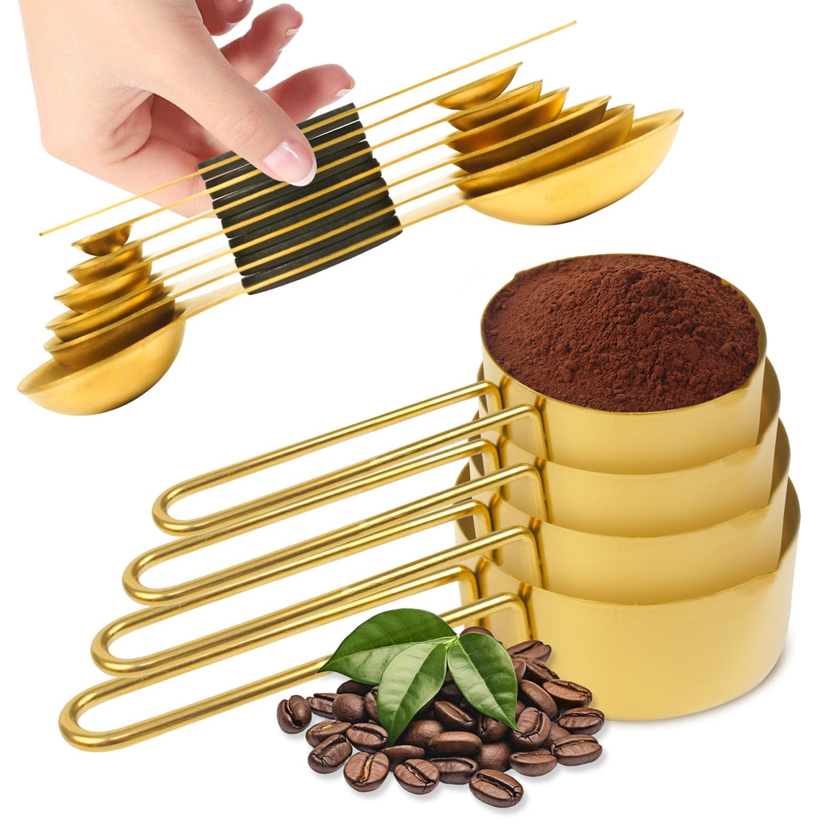 Gold 304 Stainless Steel Measuring Cup and Spoon Set, Stackable, 8-Piece, Long Handle for Narrow Bottles, Premium Gold Kitchen Utensils for Cooking and Mothers Day Gift