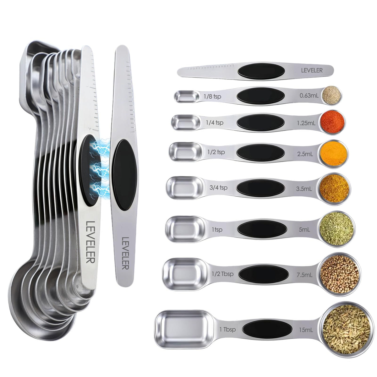 Measuring Spoons,Magnetic Measuring Spoons Set,304 Stainless Steel 7 Single Side Measuring Spoons Set and 1 Leveler with Strong N45 Magnetss,Heavy Duty Metal Kitchen Gadgets for Baking & Cooking