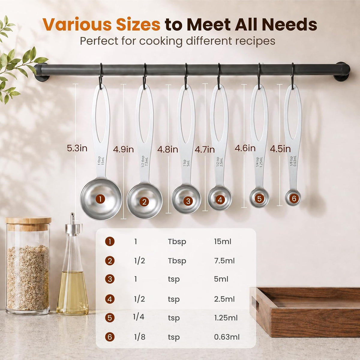 6Pcs Measuring Spoons Set, Stainless Steel Kitchen Measure Tools
