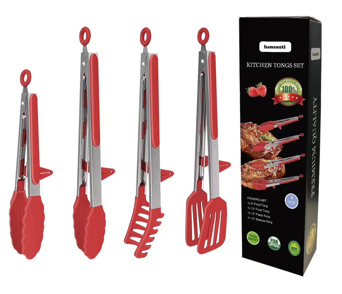 4 Pack Silicone Kitchen Cooking Tongs Set, Stainless Steel Nonstick Food Tong with BPA Free Silicone Tips for Serving Pasta Spaghetti Steak Pie Pizza Salad Vegetable Fruit Grilling BBQ Buffet 9" & 12"