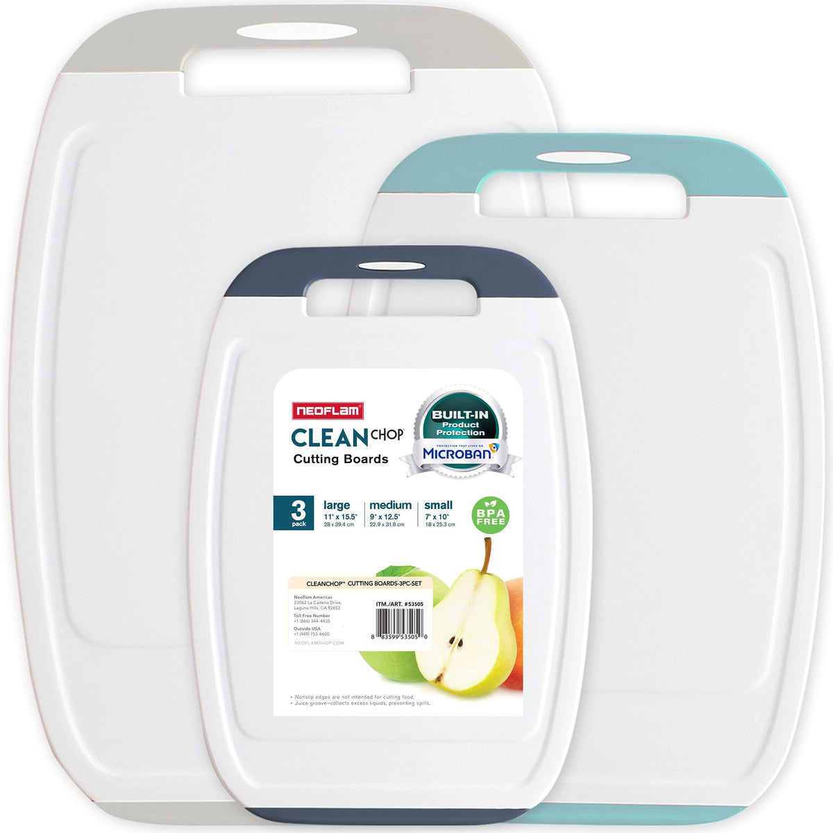 Neoflam Microban Antimicrobial Plastic Cutting Board 3 Sets, BPA Free, Non-Slip EZ Grip Handle, Dishwasher Safe, Stain & Odor Free, Reversible Board, Larger Juice Groove, Multicolor