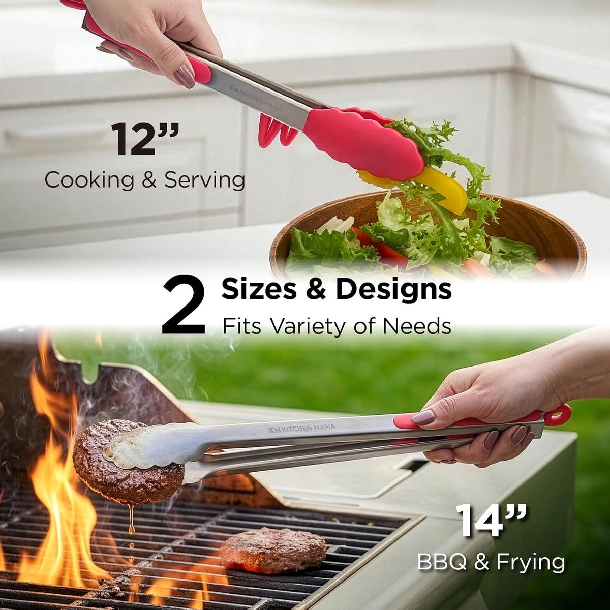 Kitchen Mama DuoEssentials Cooking Tongs Set, Red