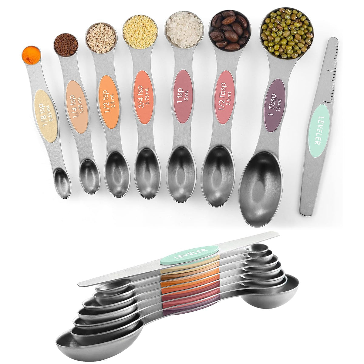 ChefAide Set of 8 Magnetic Measuring Spoons, Stainless Steel, Dual Sided