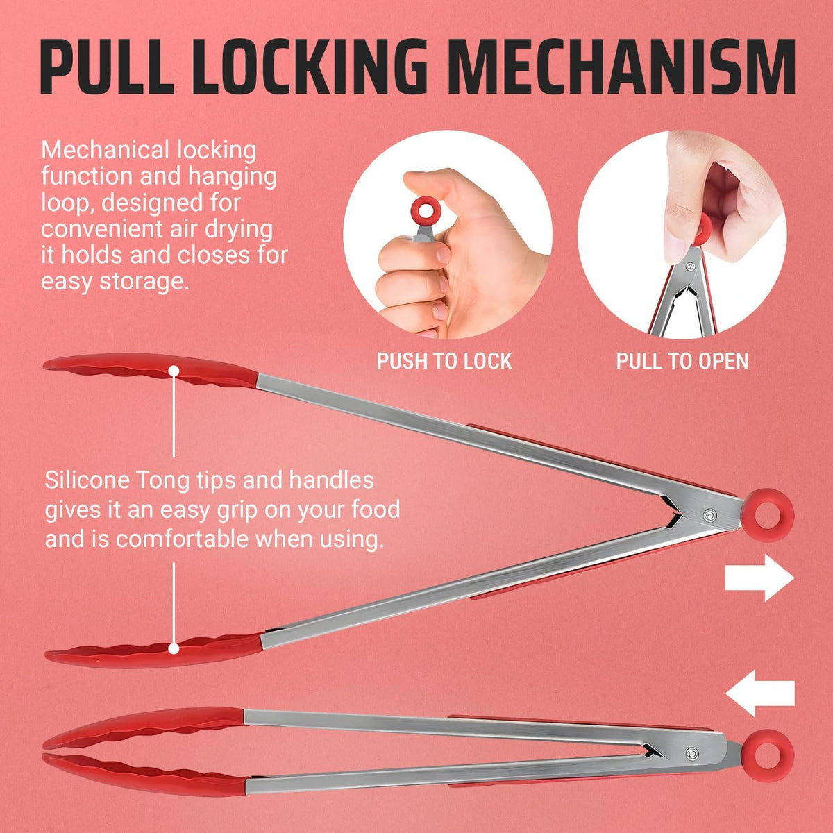 Kaluns Kitchen Tongs for Cooking Grilling Set of 4, BBQ Grill Tongs With Silicone Tip Stainless Steel Heat Resistant, Non-stick Pull Lock, Incl 7, 9, 12 Inch Tong Plus a Silicone Spatula